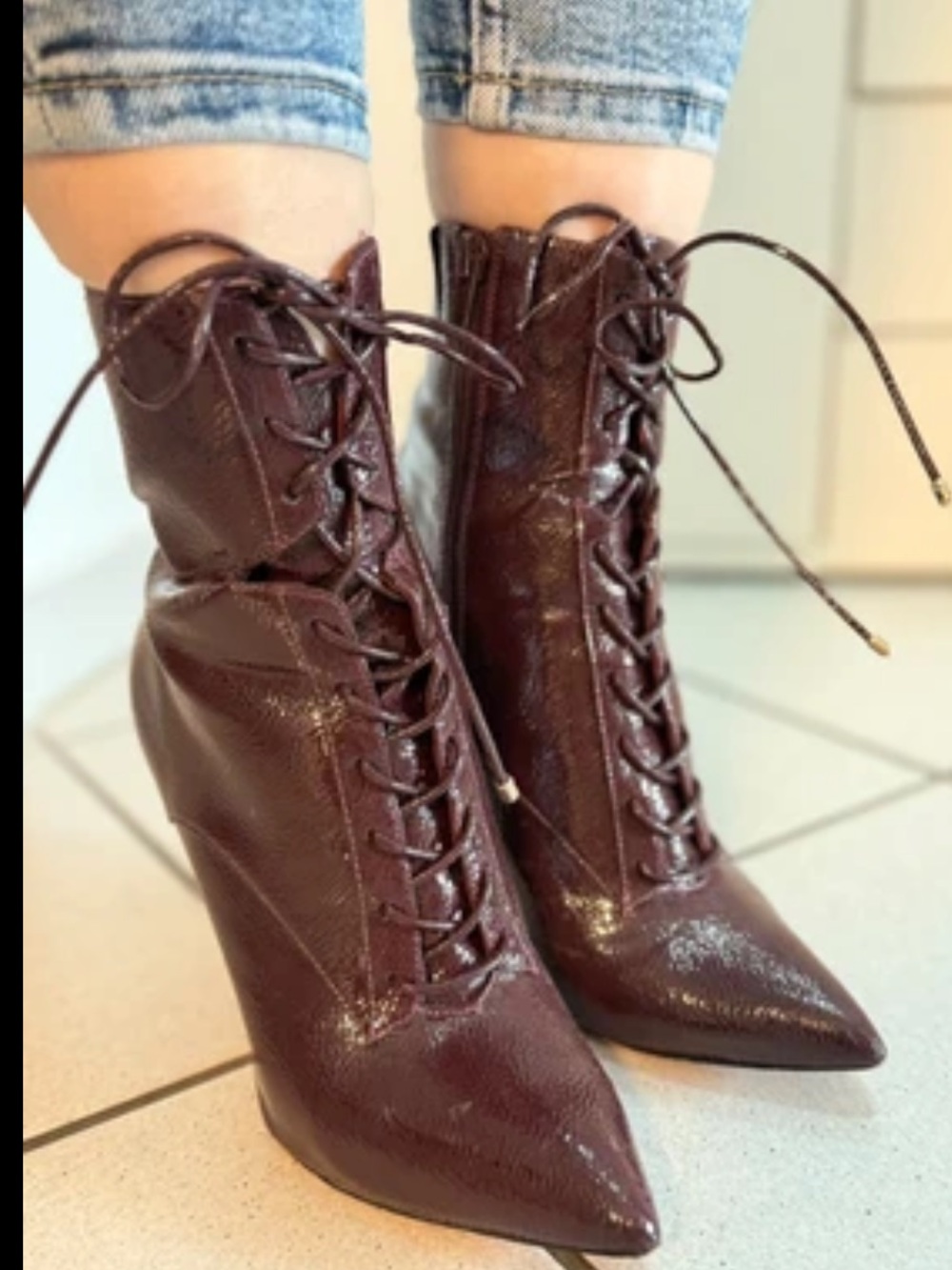 ALDO Burgundy Lace-Up Pointed Stiletto Boots SZ 6